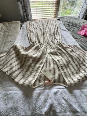 Tory Burch Cream and Brown Striped Linen Maxi Dress
